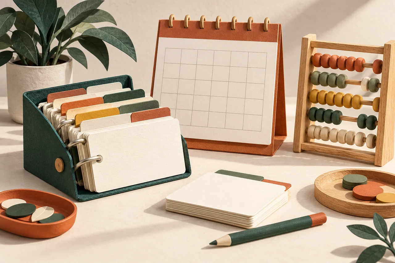 Index cards in a ring file beside a monthly calendar and abacus.