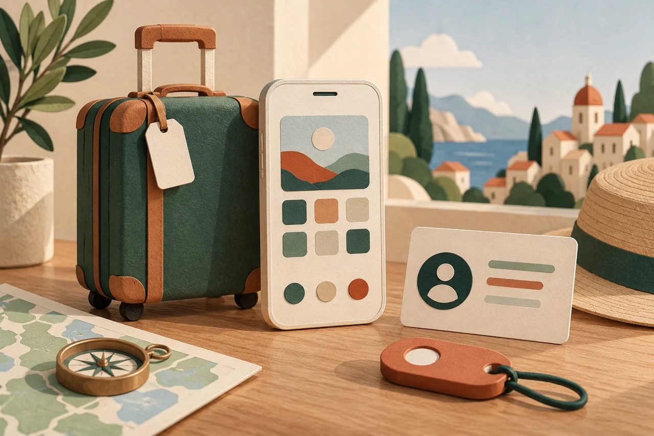 Suitcase, smartphone, generic contact card and security key beside a map.