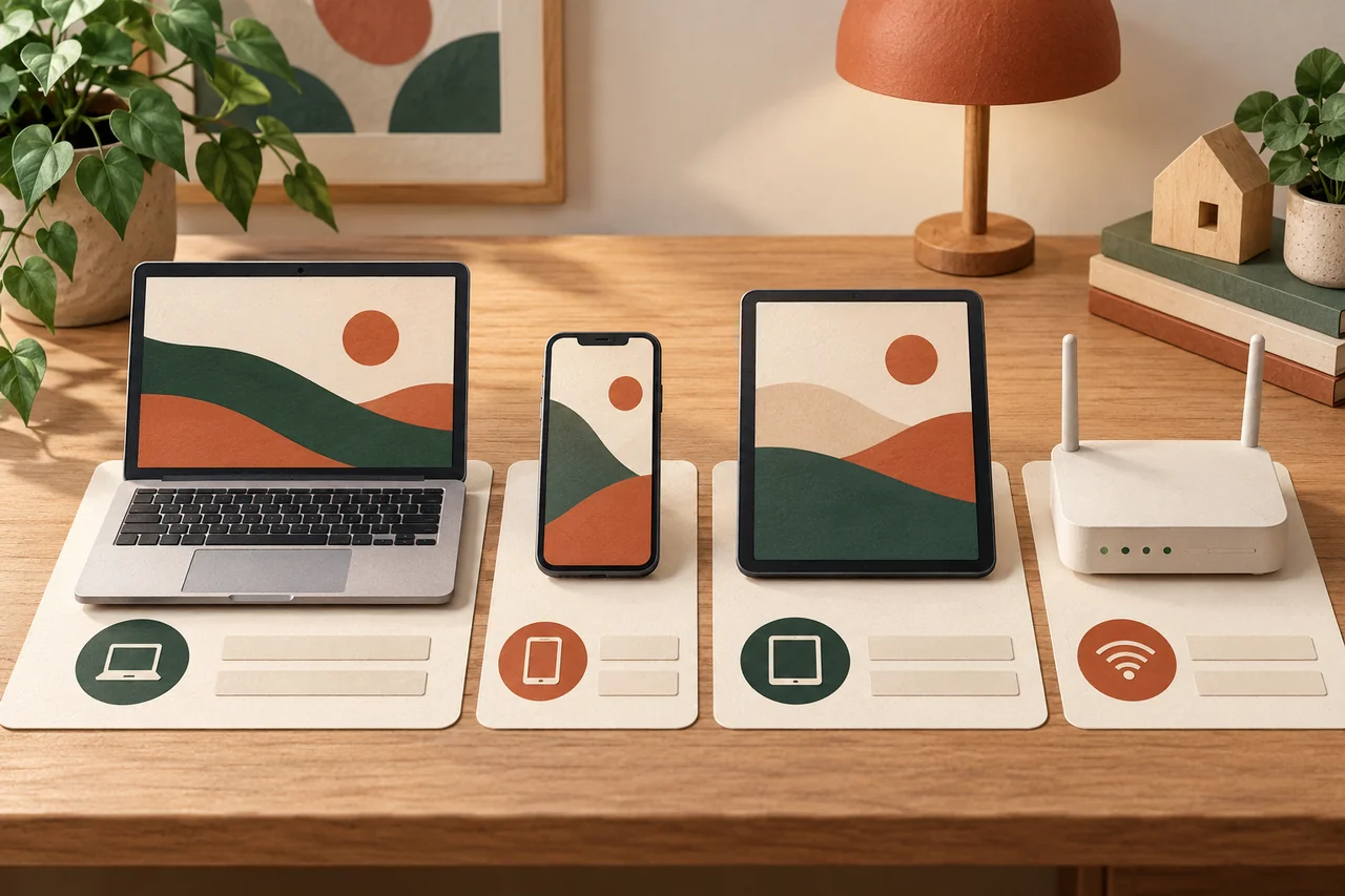 Laptop, smartphone, tablet and router each stand on an inventory card.