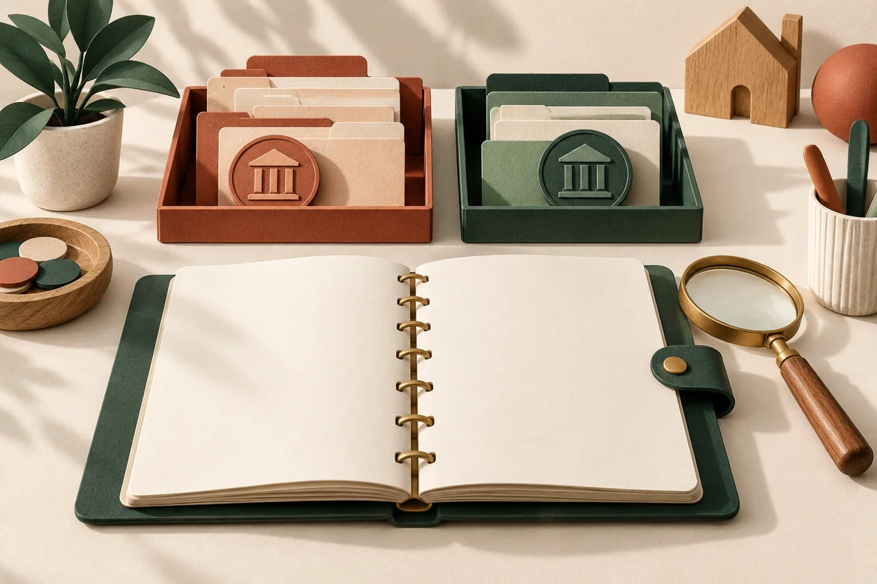 Open blank planner with a magnifying glass in front of two trays of account folders.