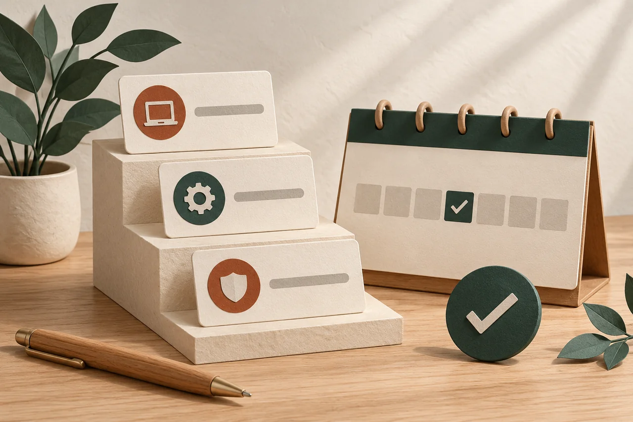 Three task cards on steps beside a weekly calendar and a check mark.