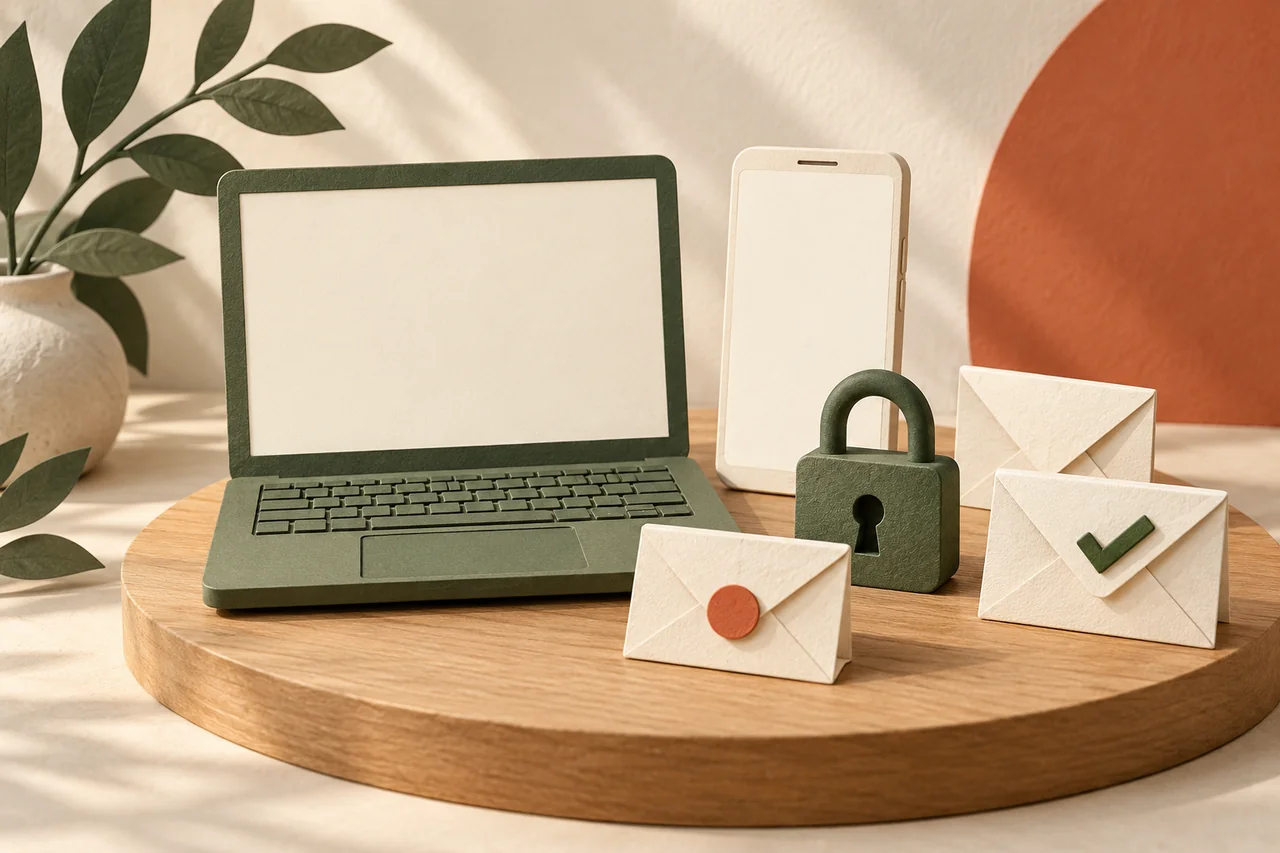AI illustration in a paper craft style: a laptop, smartphone, padlock and three envelopes on a round wooden table beside a plant.
