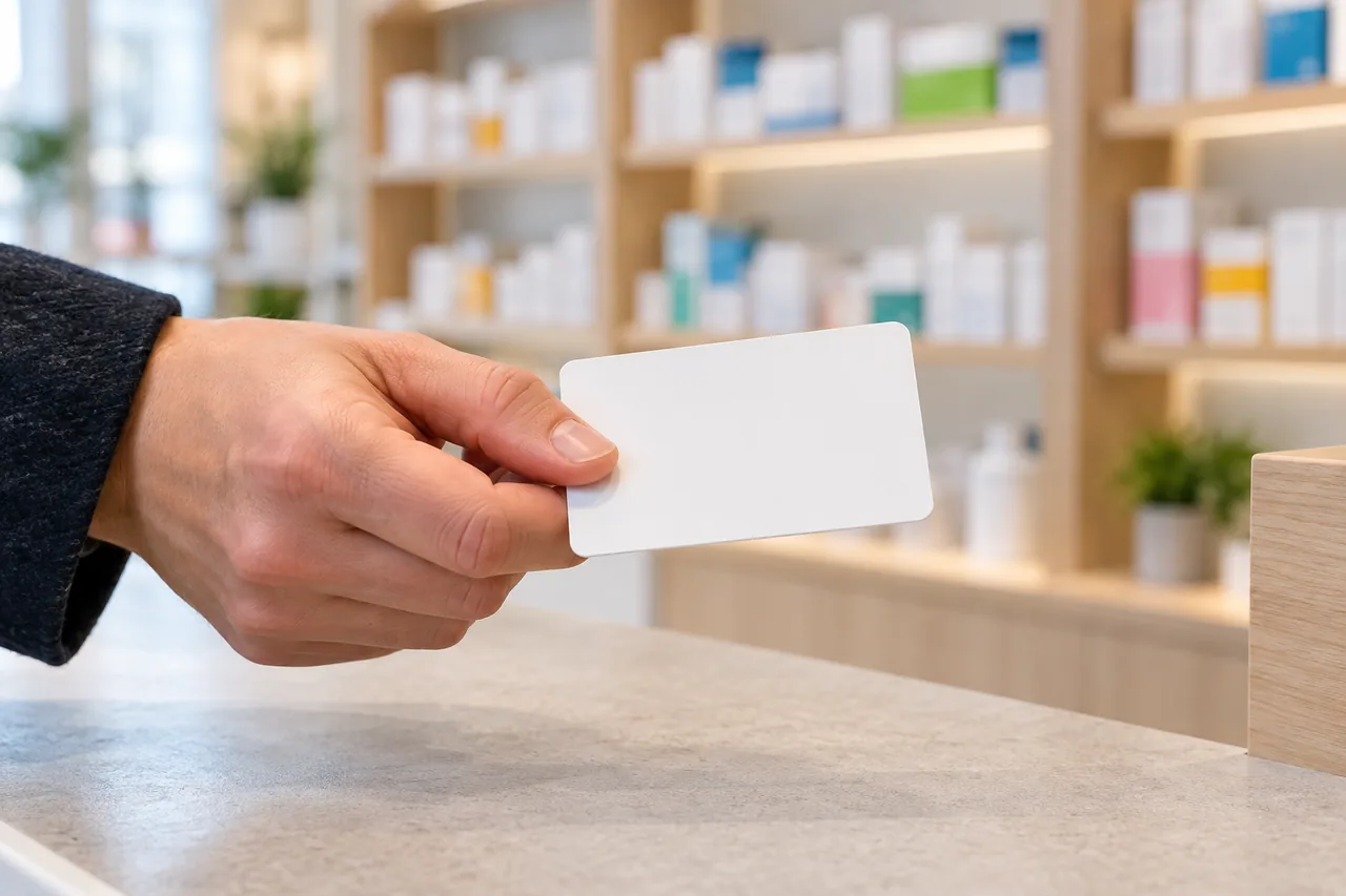 Eine Hand reicht eine neutrale Plastikkarte ohne Aufdruck über eine Apothekentheke, dahinter unscharfe Regale mit Packungen ohne lesbare Aufschrift.