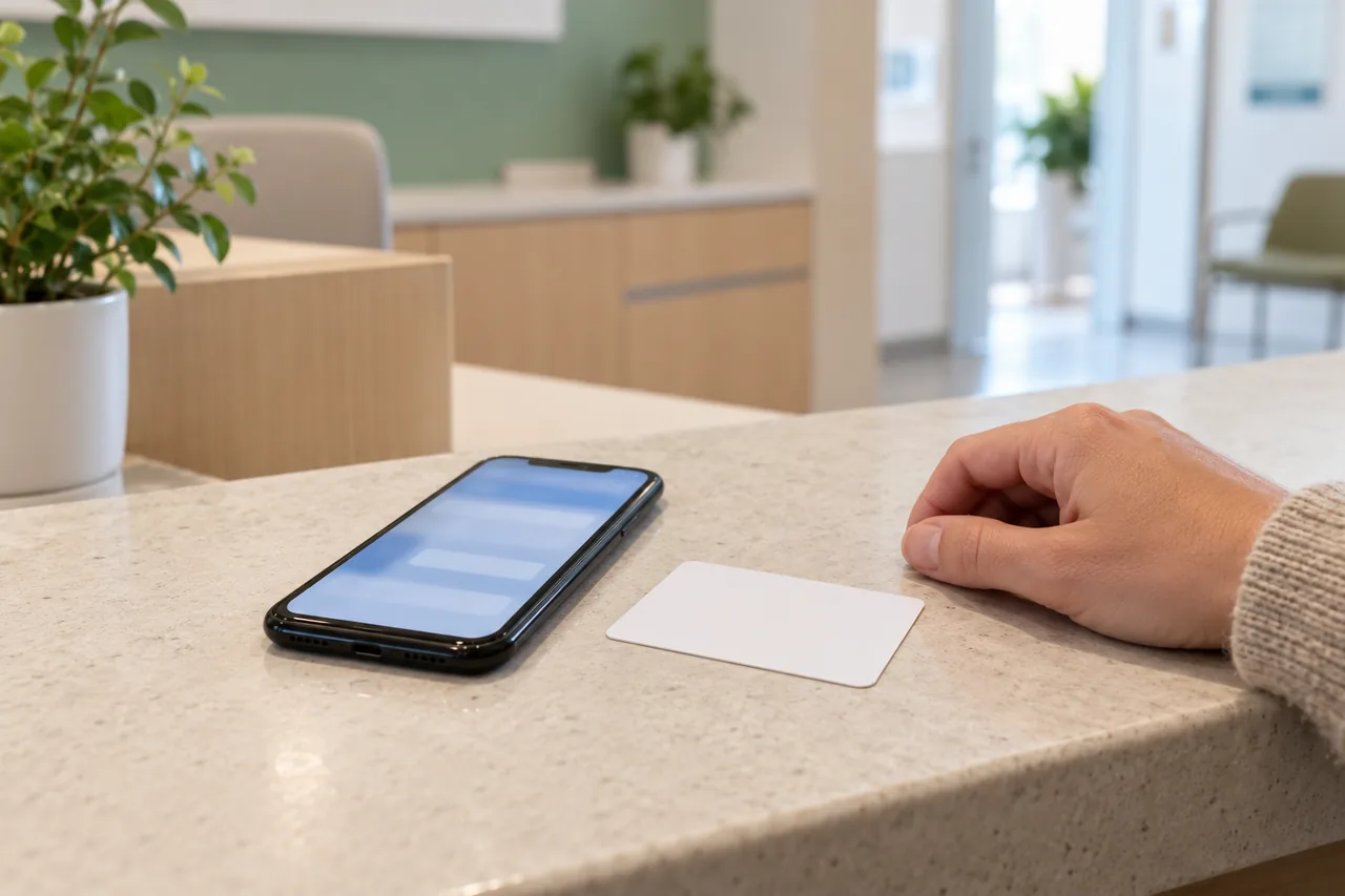Smartphone auf der Theke einer Arztpraxis neben einer neutralen Plastikkarte ohne Aufdruck, eine Hand ragt ins Bild.