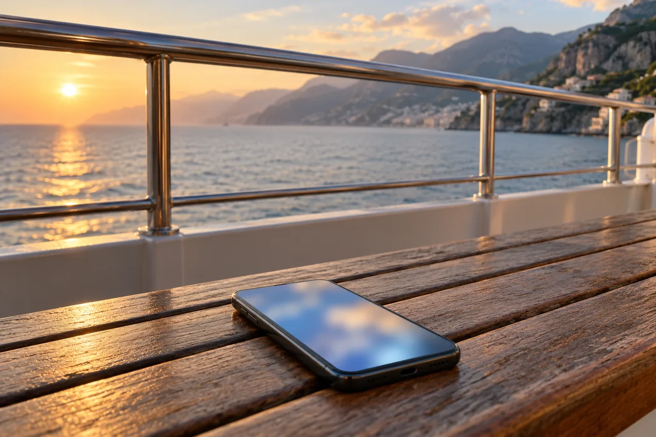 Smartphone auf dem Deck einer Fähre, im unscharfen Hintergrund das Meer und eine Küstenlinie im warmen Abendlicht.