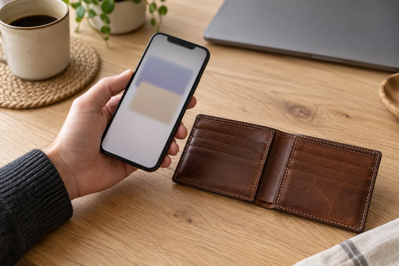 Eine Hand hält ein Smartphone mit unscharfer Kartenansicht über einer offenen Lederbrieftasche mit leeren Kartenfächern.