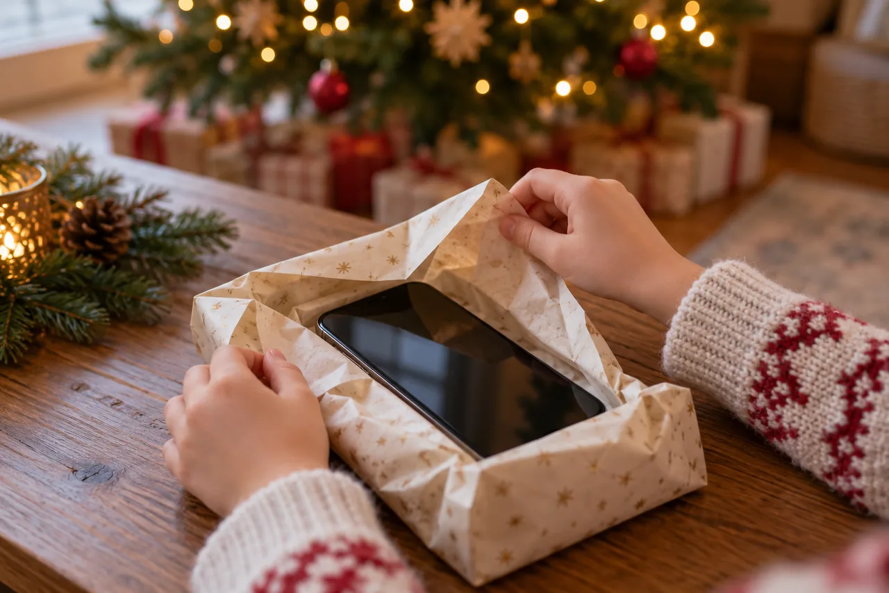 Kinderhände packen ein Smartphone aus schlichtem Geschenkpapier aus, im unscharfen Hintergrund steht ein Weihnachtsbaum.