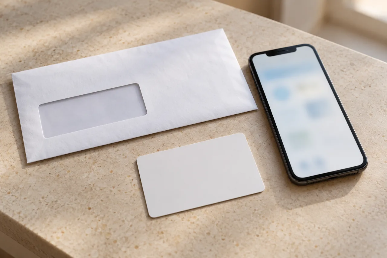 Neutrale Plastikkarte im Ausweisformat ohne Aufdruck neben einem Smartphone und einem verschlossenen Brief mit Sichtfenster ohne lesbare Schrift
