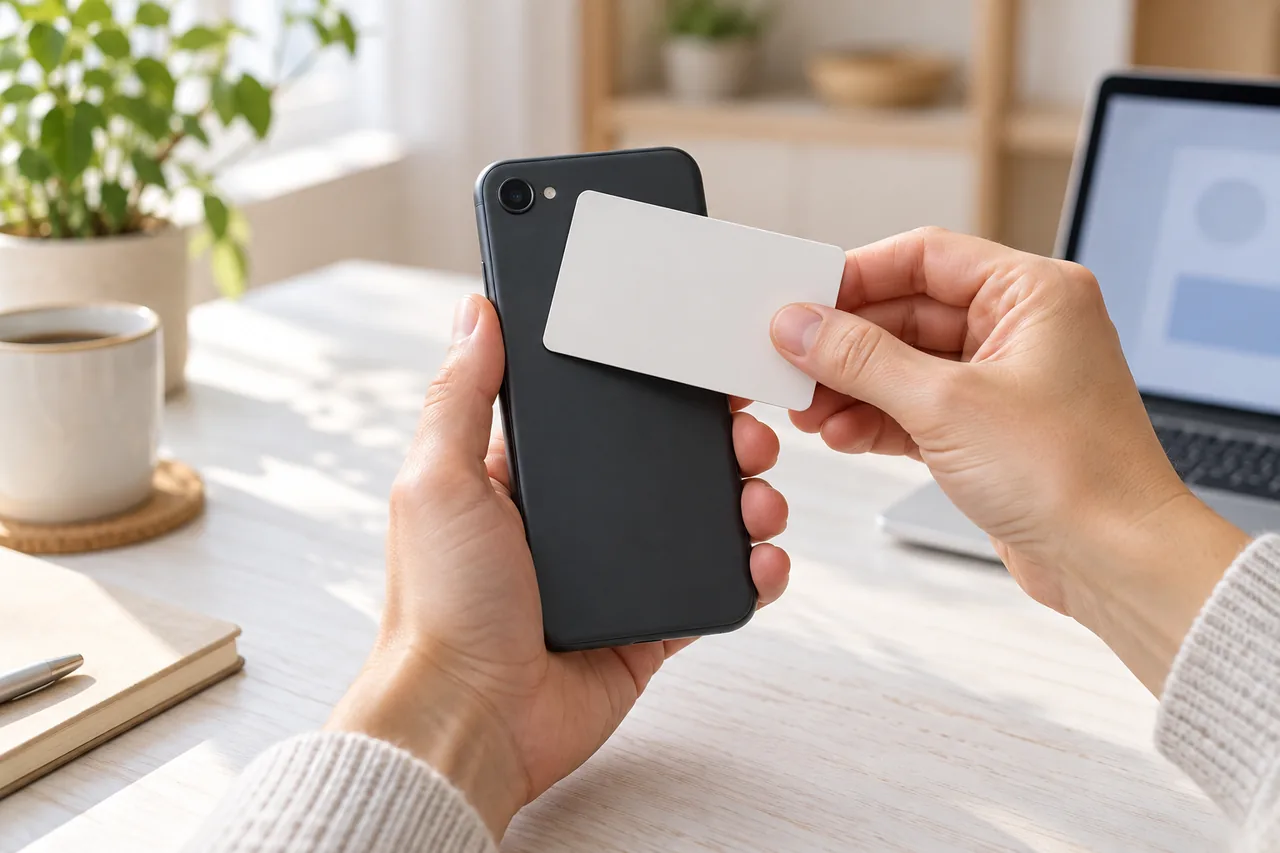 Hände halten eine unbedruckte Karte im Ausweisformat an die Rückseite eines Smartphones, wie beim Auslesen per NFC, auf einem hellen Schreibtisch.