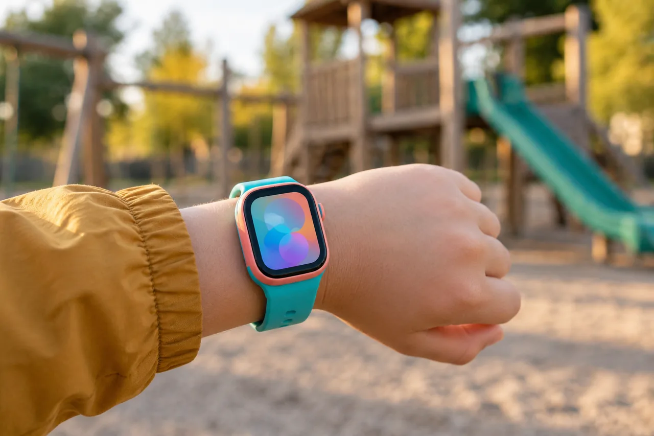 Kinderhandgelenk mit einer bunten Smartwatch ohne Logo auf einem Spielplatz, der Hintergrund ist unscharf.