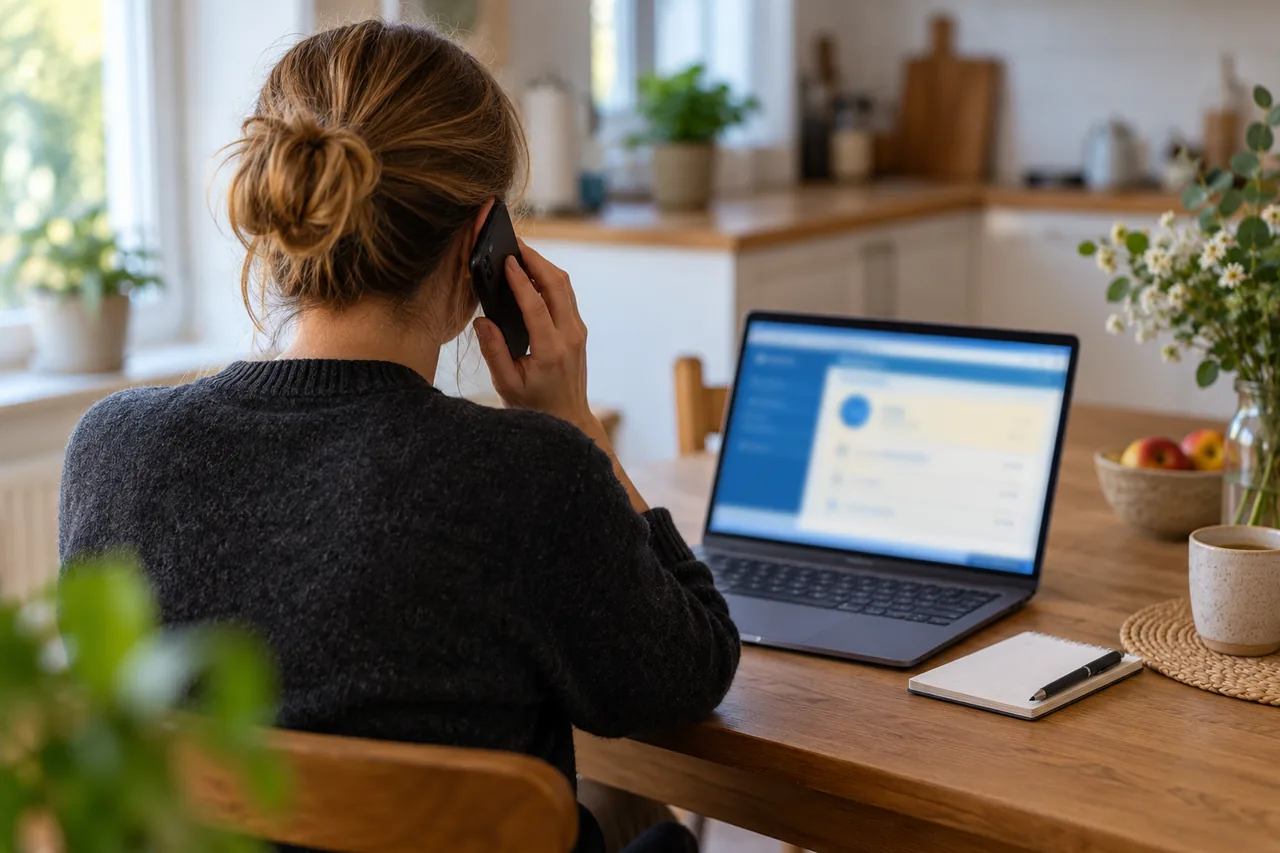 Personne vue de dos à la table de la cuisine, téléphone à l'oreille, devant un ordinateur portable à l'écran bancaire flou et un pense-bête