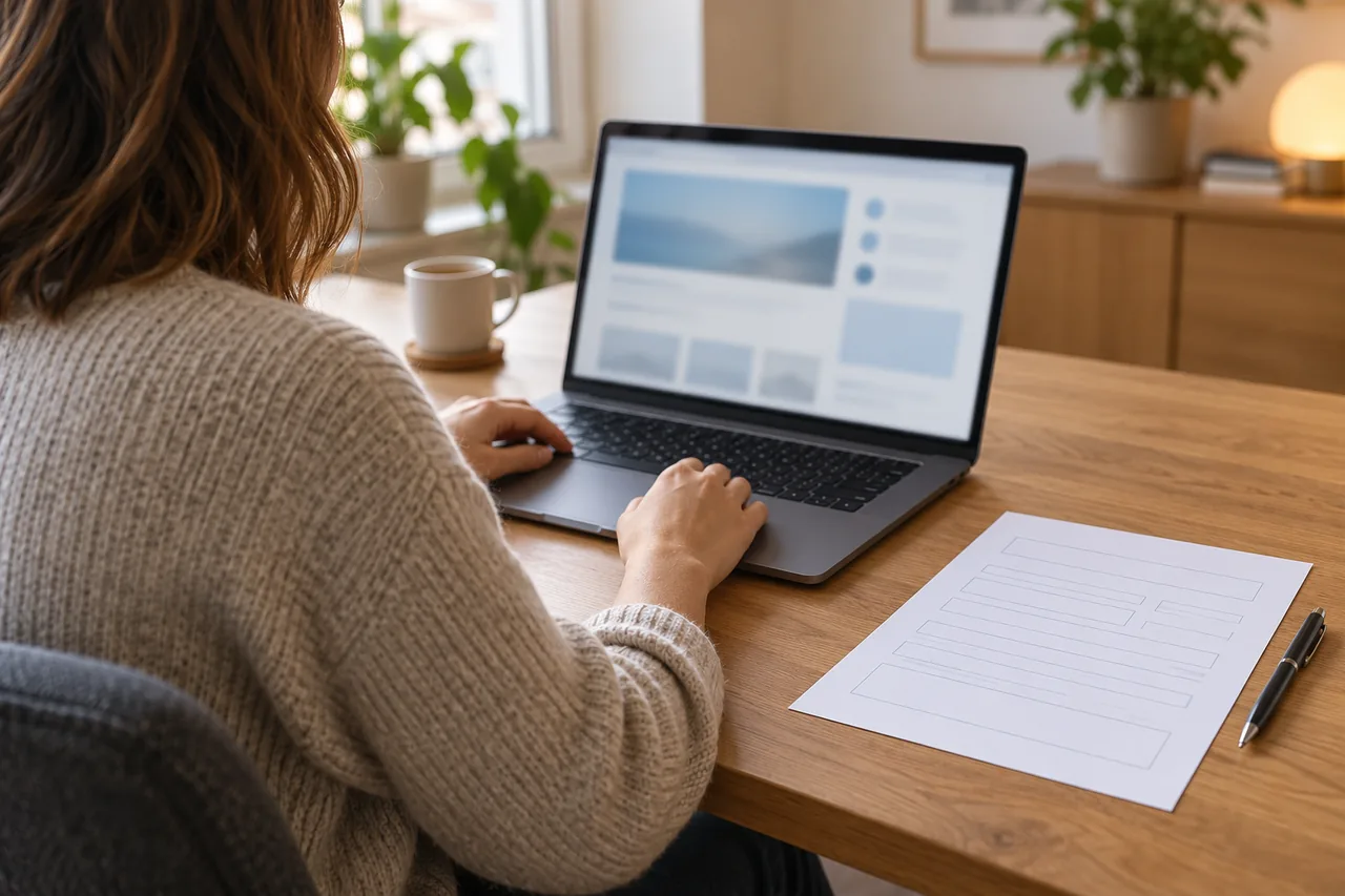 Person von hinten an einem Laptop, daneben auf dem Tisch ein amtlich wirkendes Formular ohne lesbaren Text und ein Kugelschreiber.