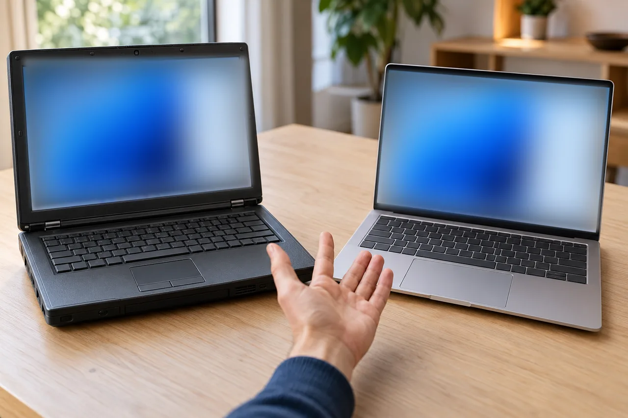 Ein älterer, dicker Laptop und ein schlankes neues Modell auf einem Tisch; eine Hand liegt zwischen beiden und vergleicht sie.