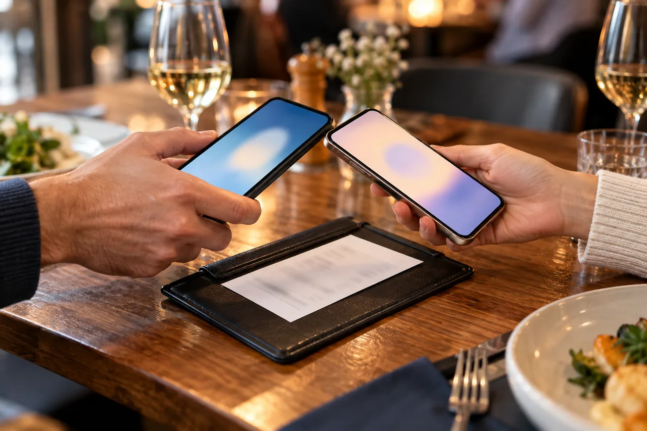 Zwei Hände mit Smartphones nähern sich über einem Restauranttisch mit geteilter Rechnung, die Displays sind unscharf.