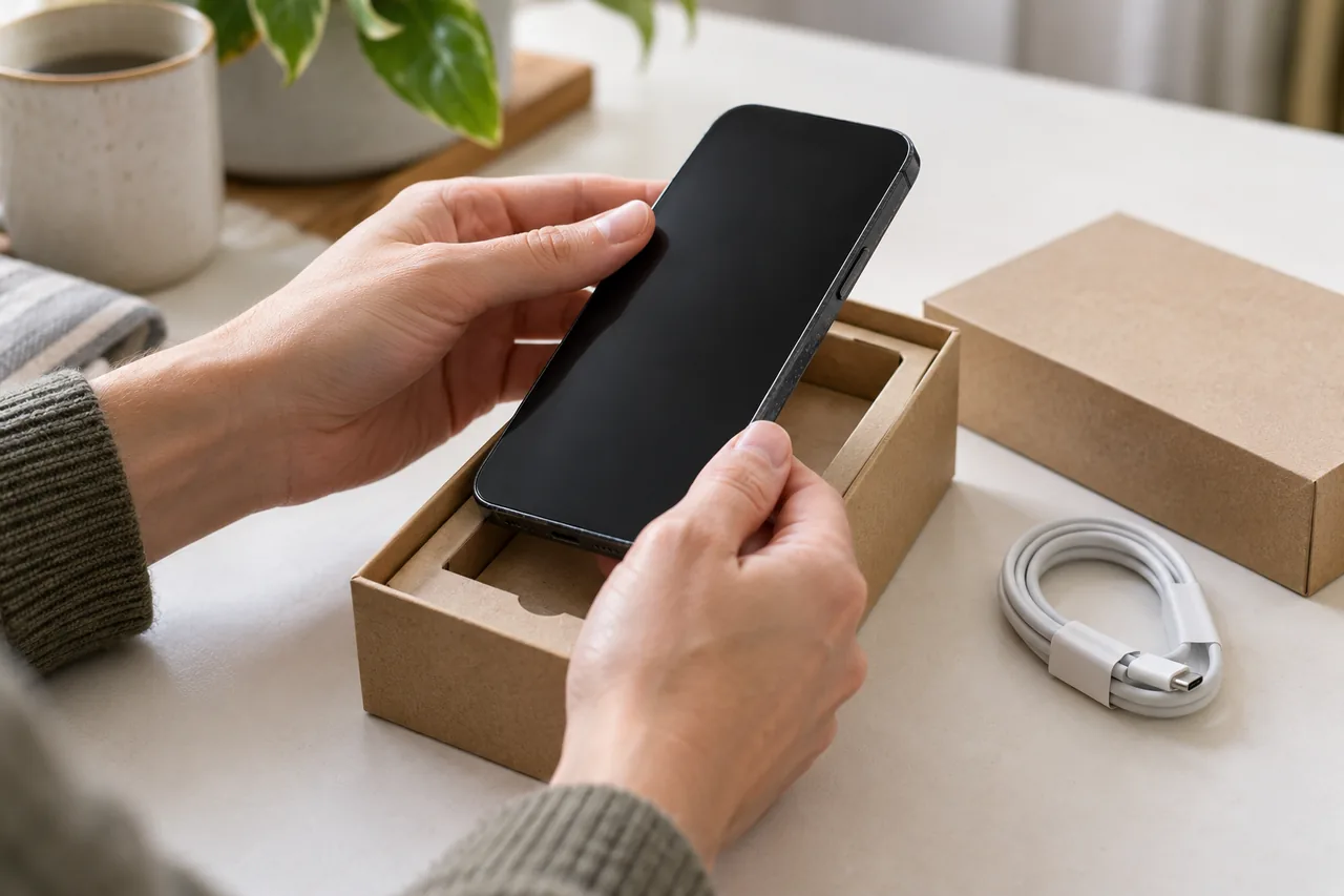 Mani estraggono uno smartphone dall’aspetto leggermente usato da una semplice scatola di cartone riciclato, accanto c’è un cavo di ricarica.