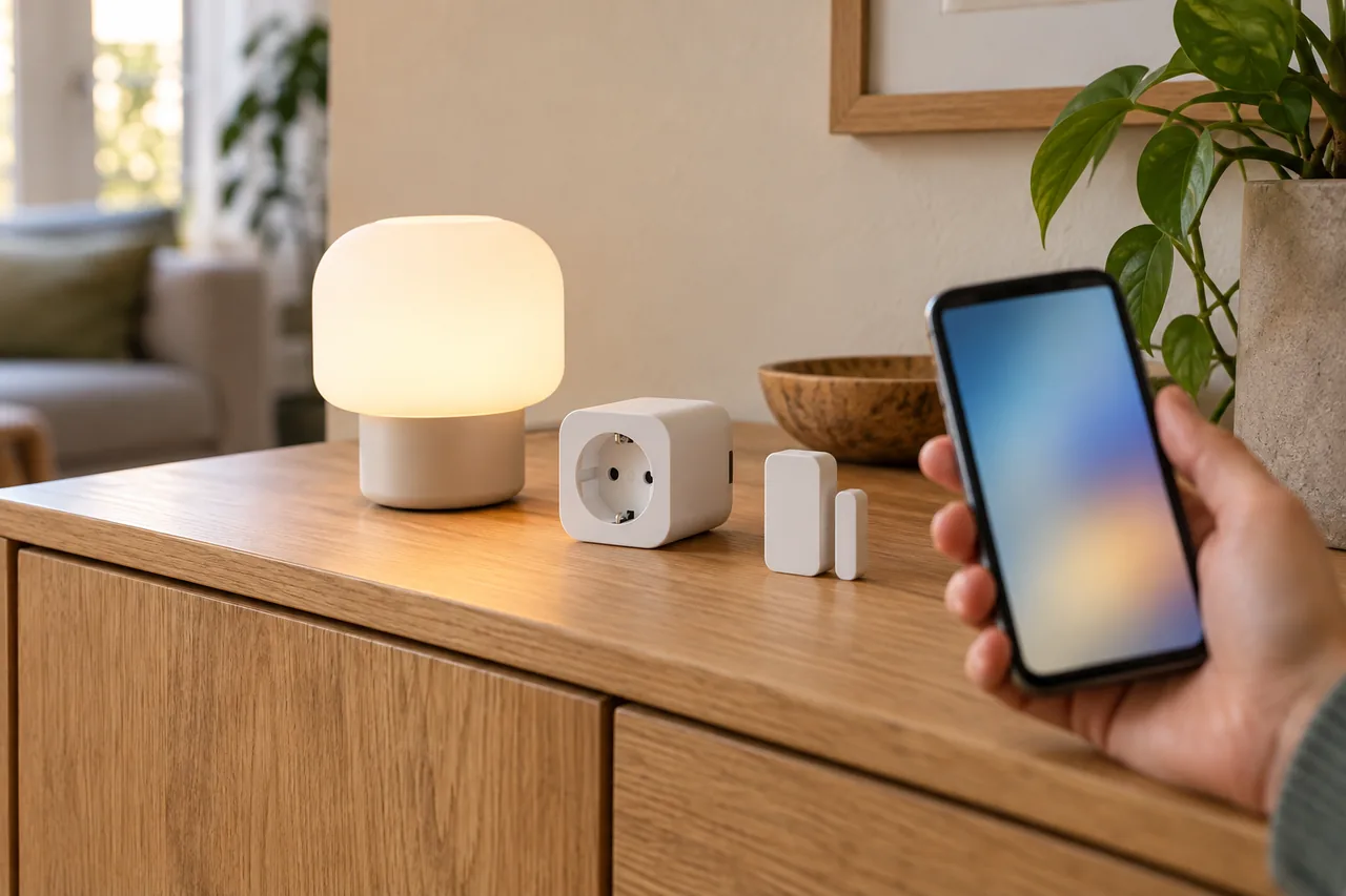 Smarte Lampe, Zwischenstecker und kleiner Sensor ohne Logos auf einem Sideboard, daneben hält eine Hand ein Smartphone.