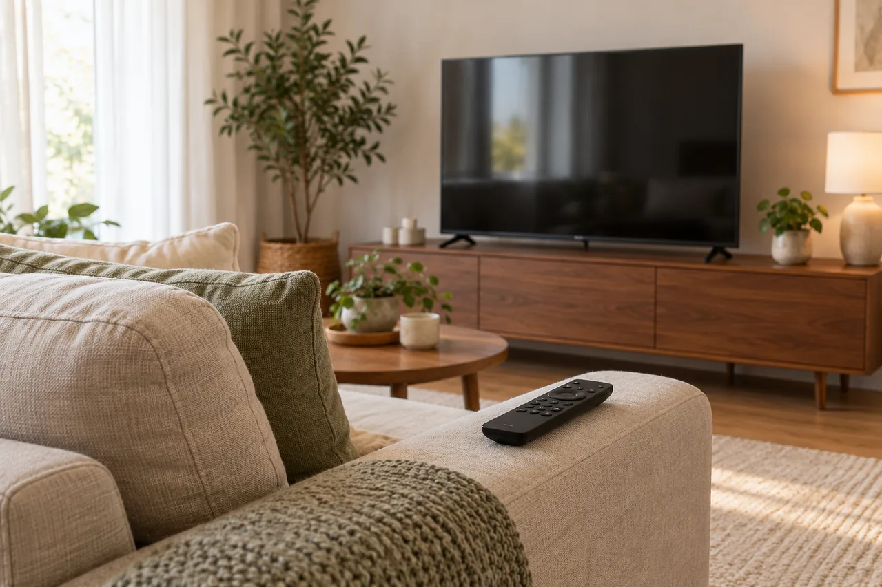 Wohnzimmer mit Sofa von hinten gesehen, im dunklen Fernseher spiegelt sich das Fenster, eine Fernbedienung liegt auf der Armlehne.