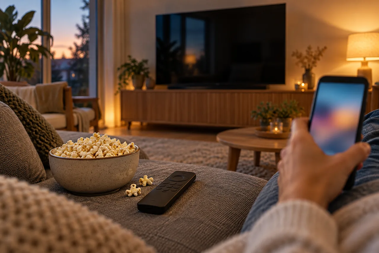 A remote control and a bowl of popcorn on a sofa in front of a dark television, while a hand holds a smartphone.