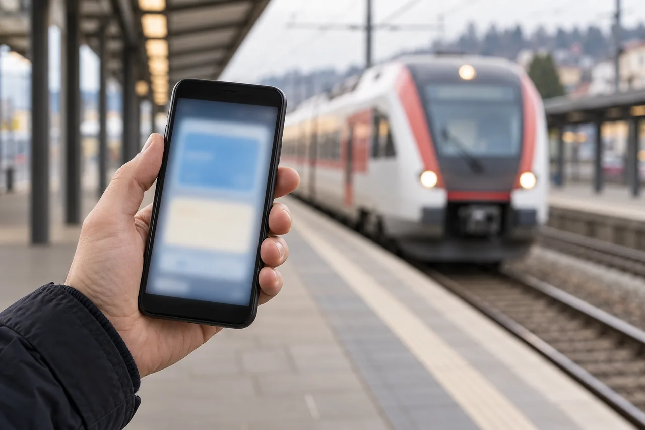 Hand hält ein Smartphone an einem Bahnsteig, dahinter fährt unscharf ein Regionalzug ohne Schriftzüge ein.