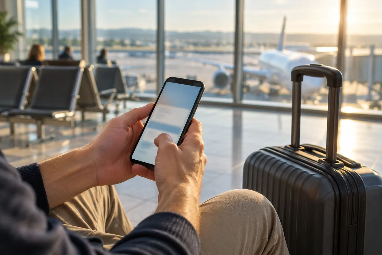 Hände halten an einem Flughafengate ein Smartphone, daneben steht ein Rollkoffer, im unscharfen Hintergrund grosse Fenster.