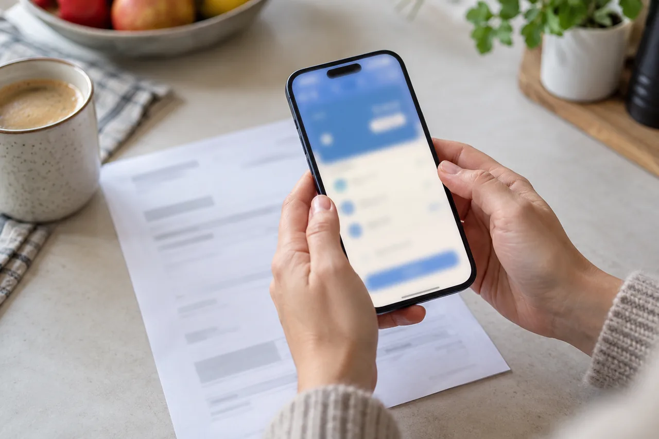Hände halten ein Smartphone mit unscharfer Banking-Ansicht über einer Papierrechnung ohne lesbaren Text auf einem Küchentisch