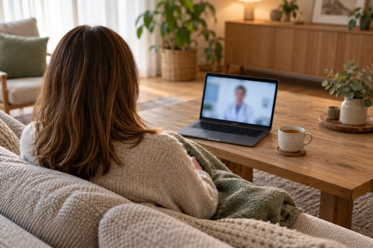 Person von hinten auf einem Sofa mit einer Decke, vor ihr ein Laptop mit unscharfem Videoanruf und daneben eine Tasse Tee