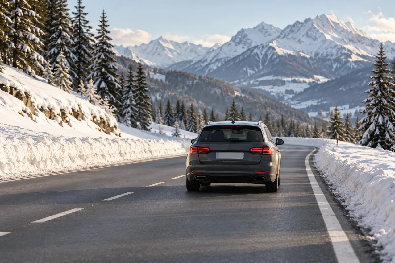 Auto von hinten auf einer winterlichen Alpenstrasse, das Kennzeichen unscharf, im Hintergrund Berge