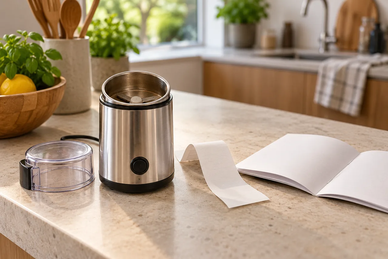A kitchen appliance with its lid removed on a worktop, next to a till receipt and an instruction manual with no legible text.