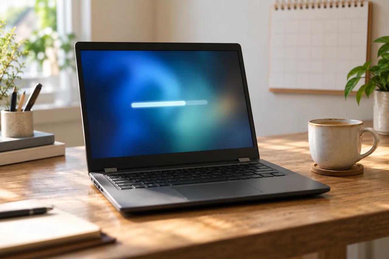 Älterer Laptop auf einem Holzschreibtisch mit unscharfem Update-Fortschrittsbalken, daneben eine Tasse und ein Wandkalender ohne lesbare Zahlen