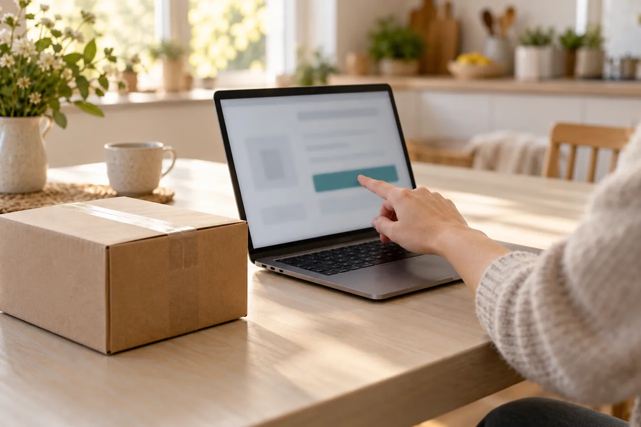 A hand taps a blurred button on a laptop screen, next to a taped-up return parcel with no shipping label on it.